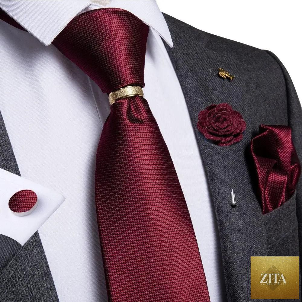 Men's luxury red silk necktie with matching cufflinks set, elegant design for weddings and formal occasions by Stevvex.