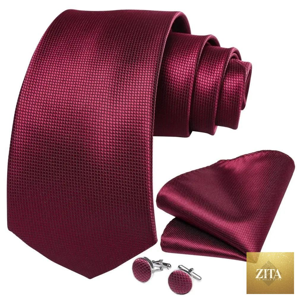 Men's luxury red silk necktie with matching cufflinks set, elegant design perfect for weddings, business, or gifts by Stevvex.