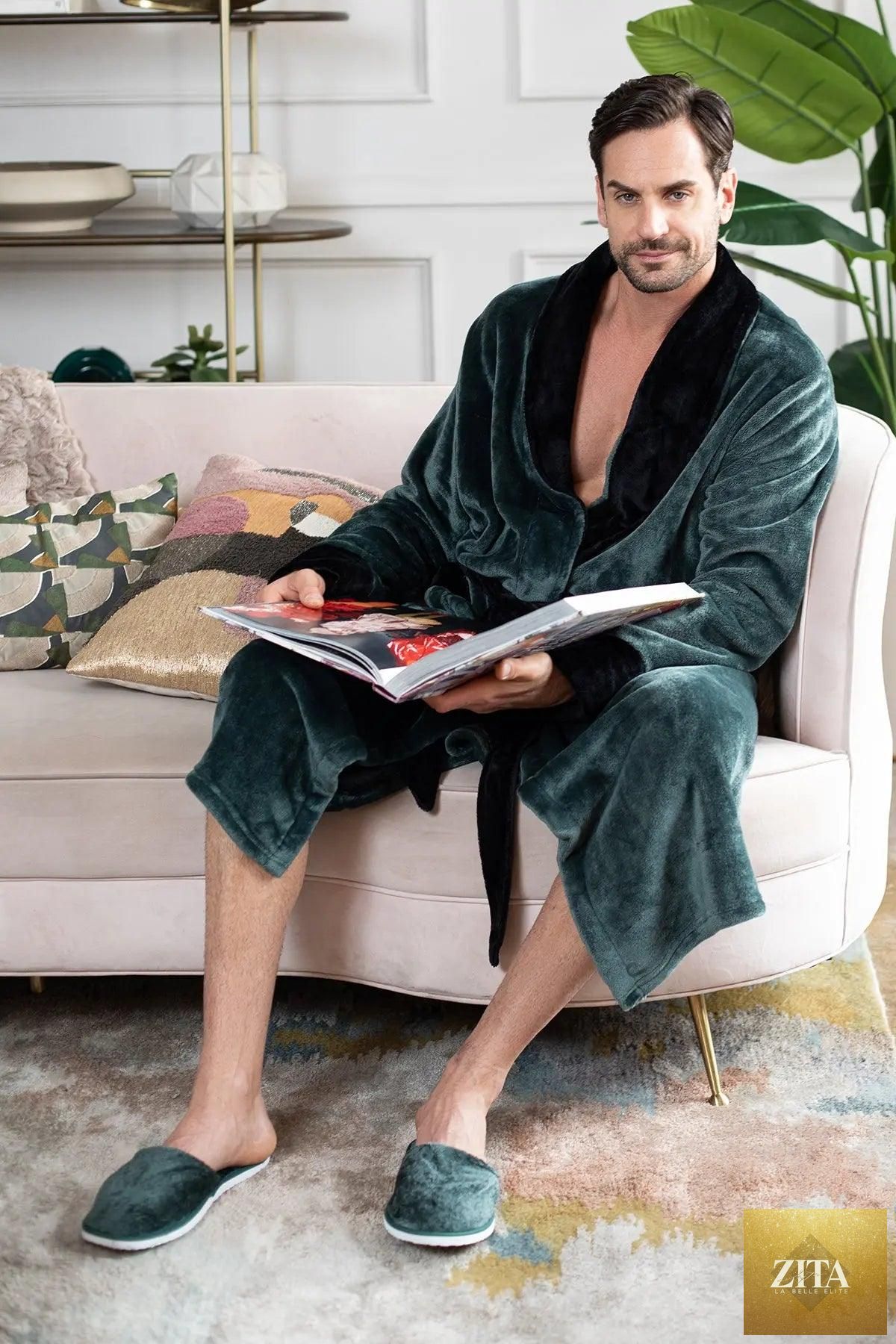 Men's plush robe by Lotus Linen, cozy and durable, featuring soft fabric and a relaxed fit for ultimate comfort.