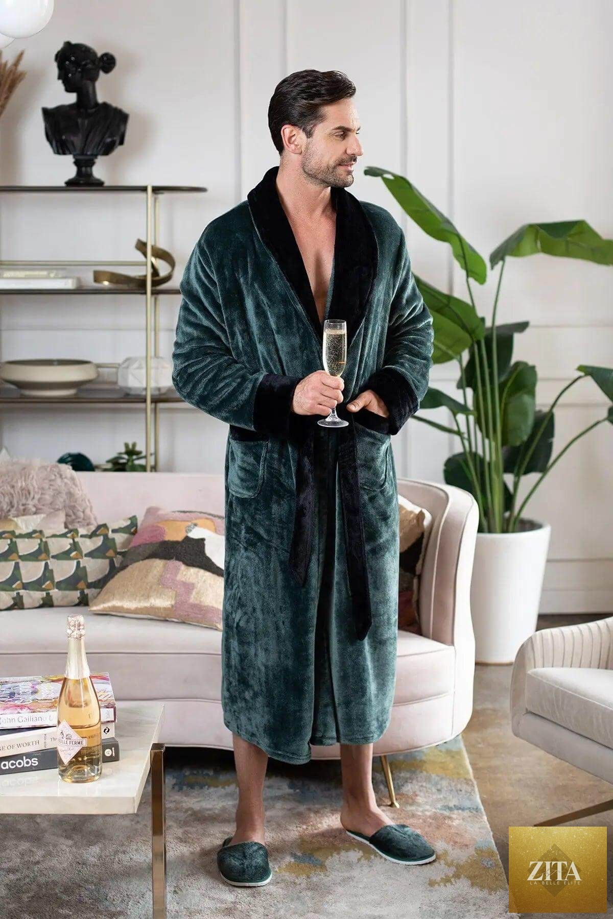 Men's plush robe by Lotus Linen featuring soft, cozy fabric for ultimate comfort and durable design.