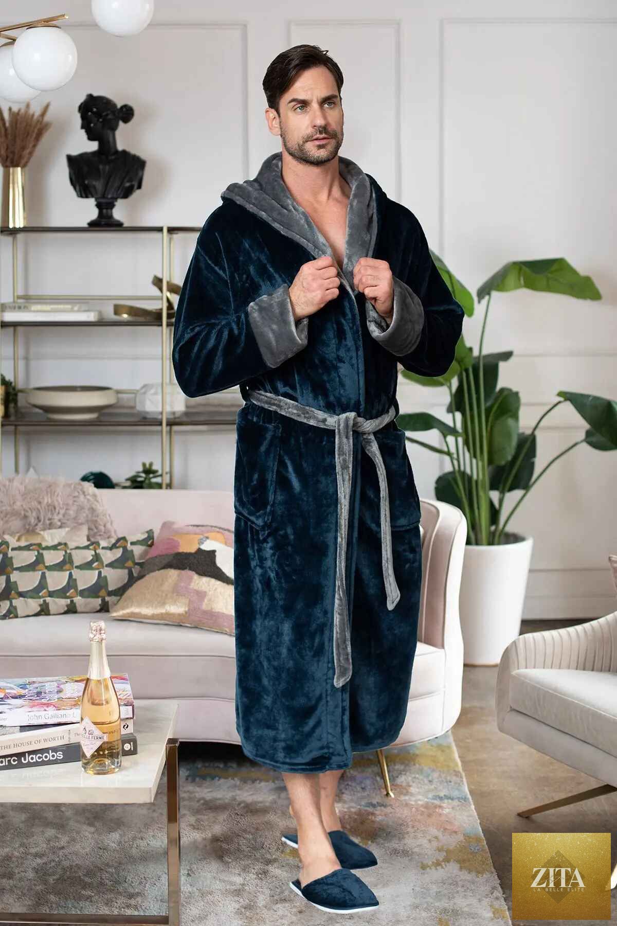 Men's hooded bathrobe by Lotus Linen, ultra-soft plush fabric, cozy and comfortable for everyday wear.