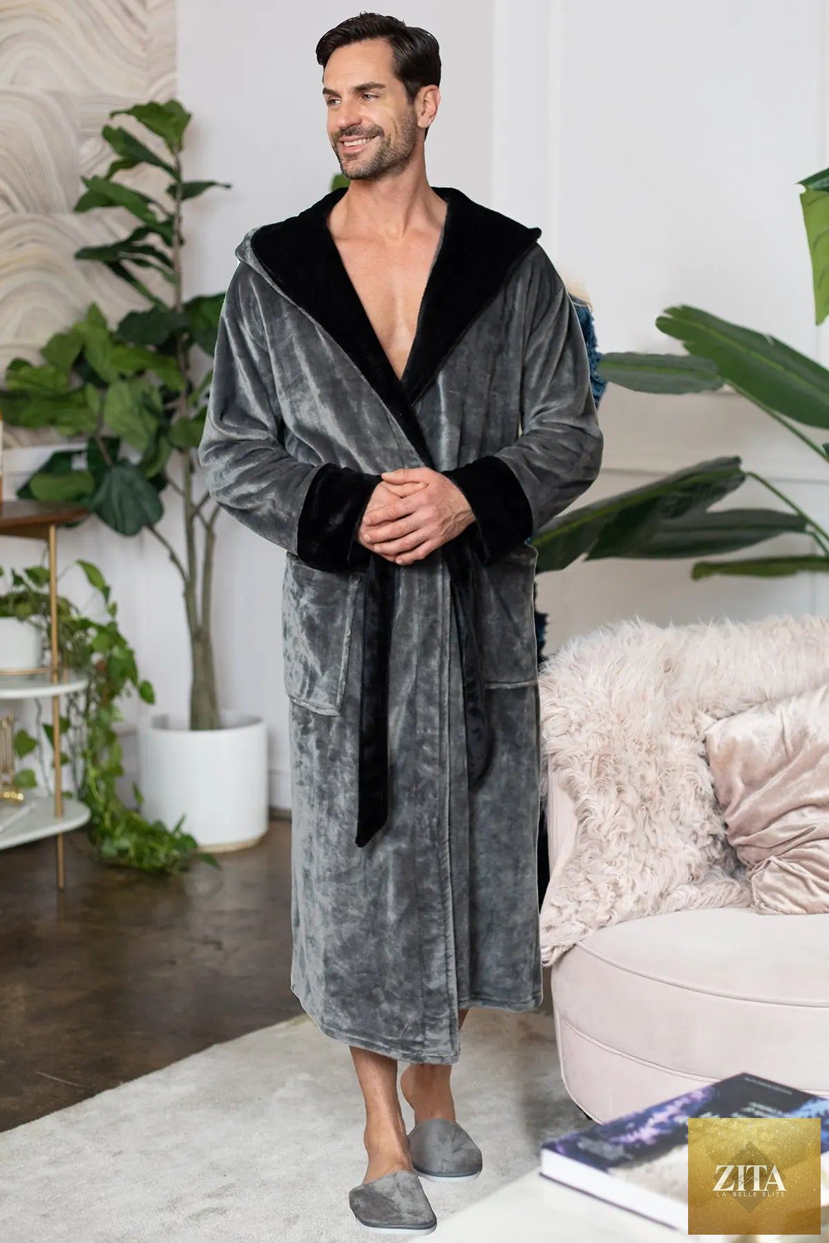 Men’s hooded robe by Lotus Linen, ultra-soft plush fabric, featuring a cozy hood and comfortable fit for everyday relaxation.