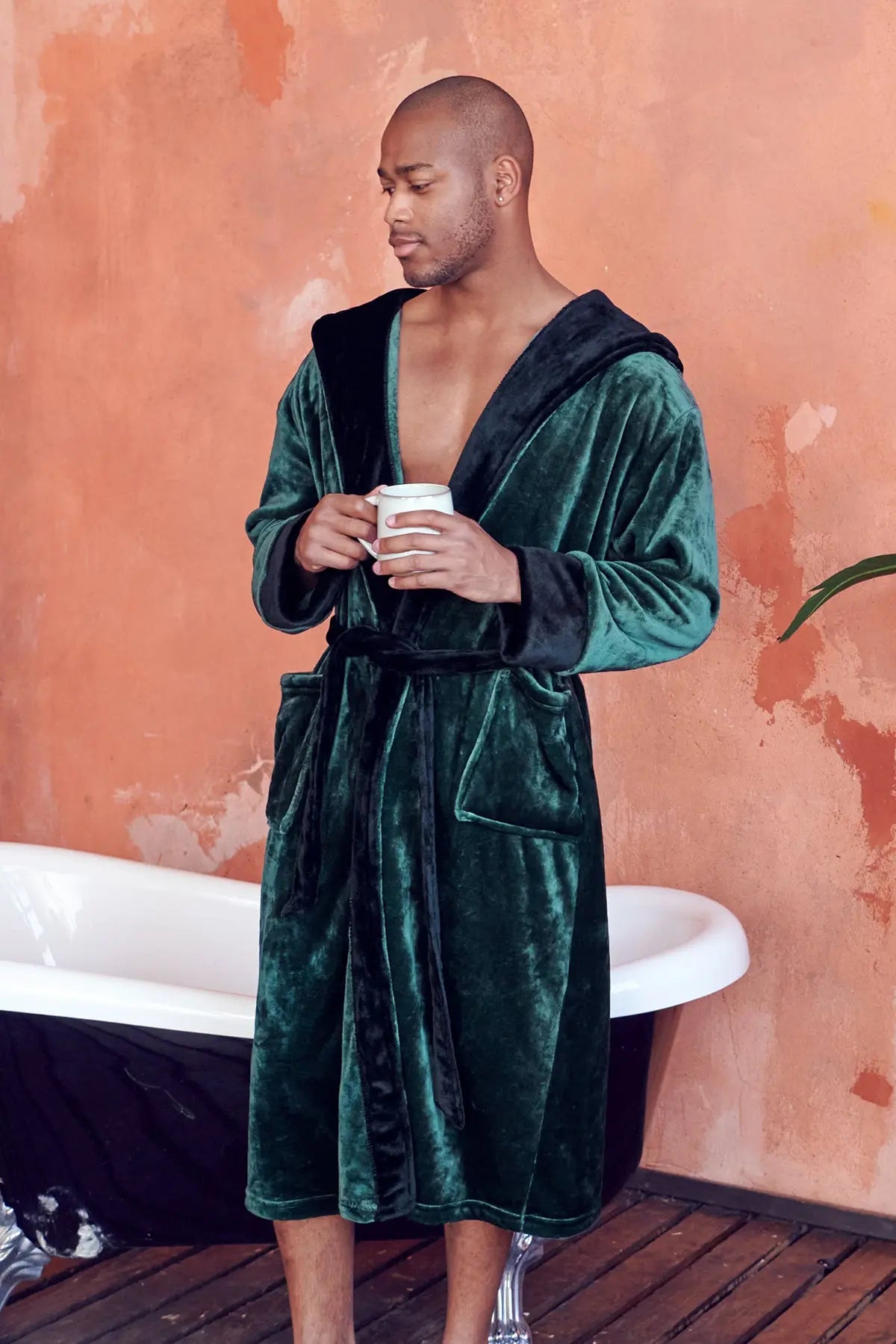 Men’s hooded robe by Lotus Linen featuring ultra-soft plush fabric, with a hood and relaxed fit for comfortable everyday wear.