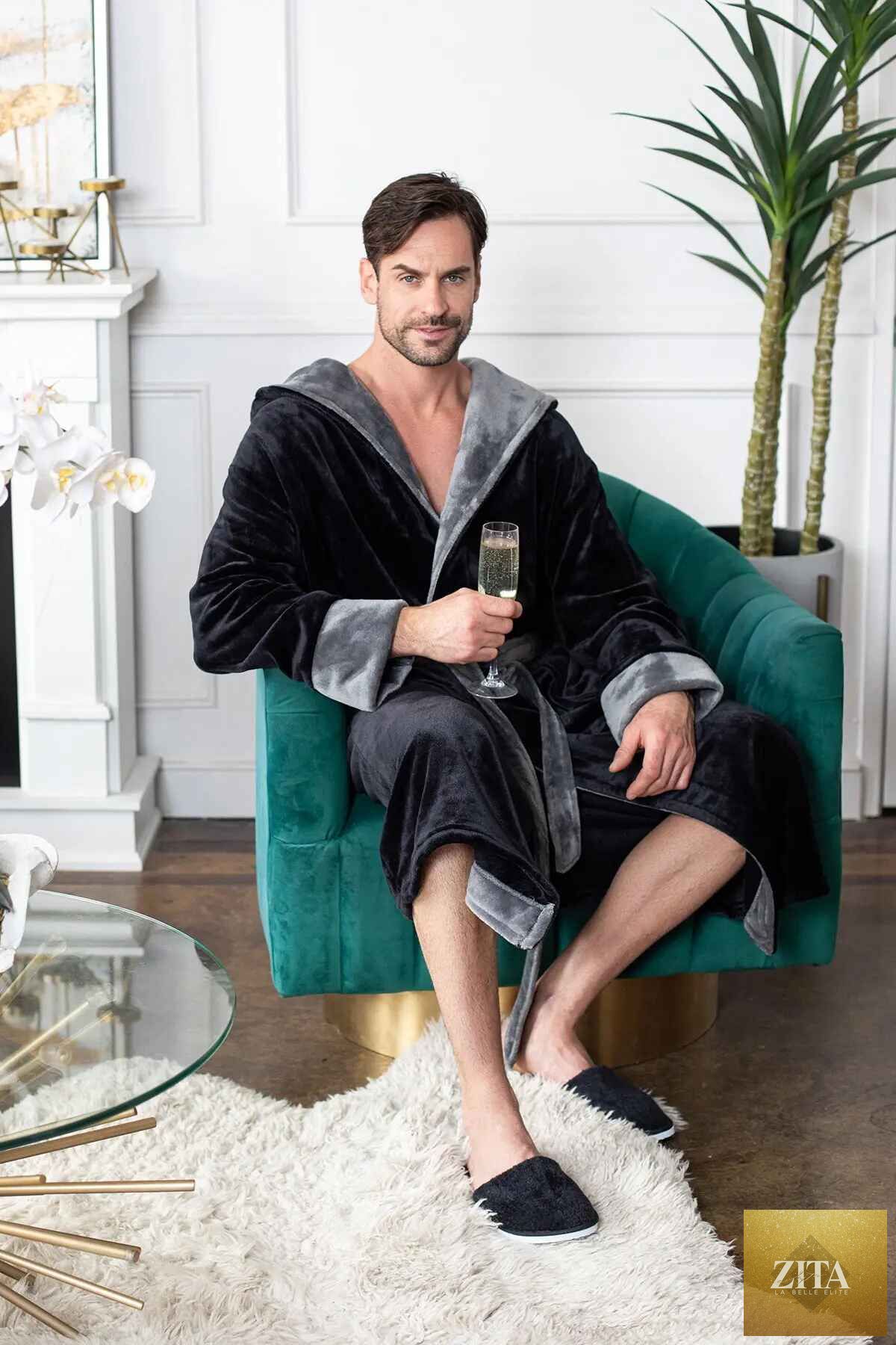 Men's hooded robe by Lotus Linen, ultra-soft plush fabric, featuring a cozy hood and comfortable design for everyday wear.