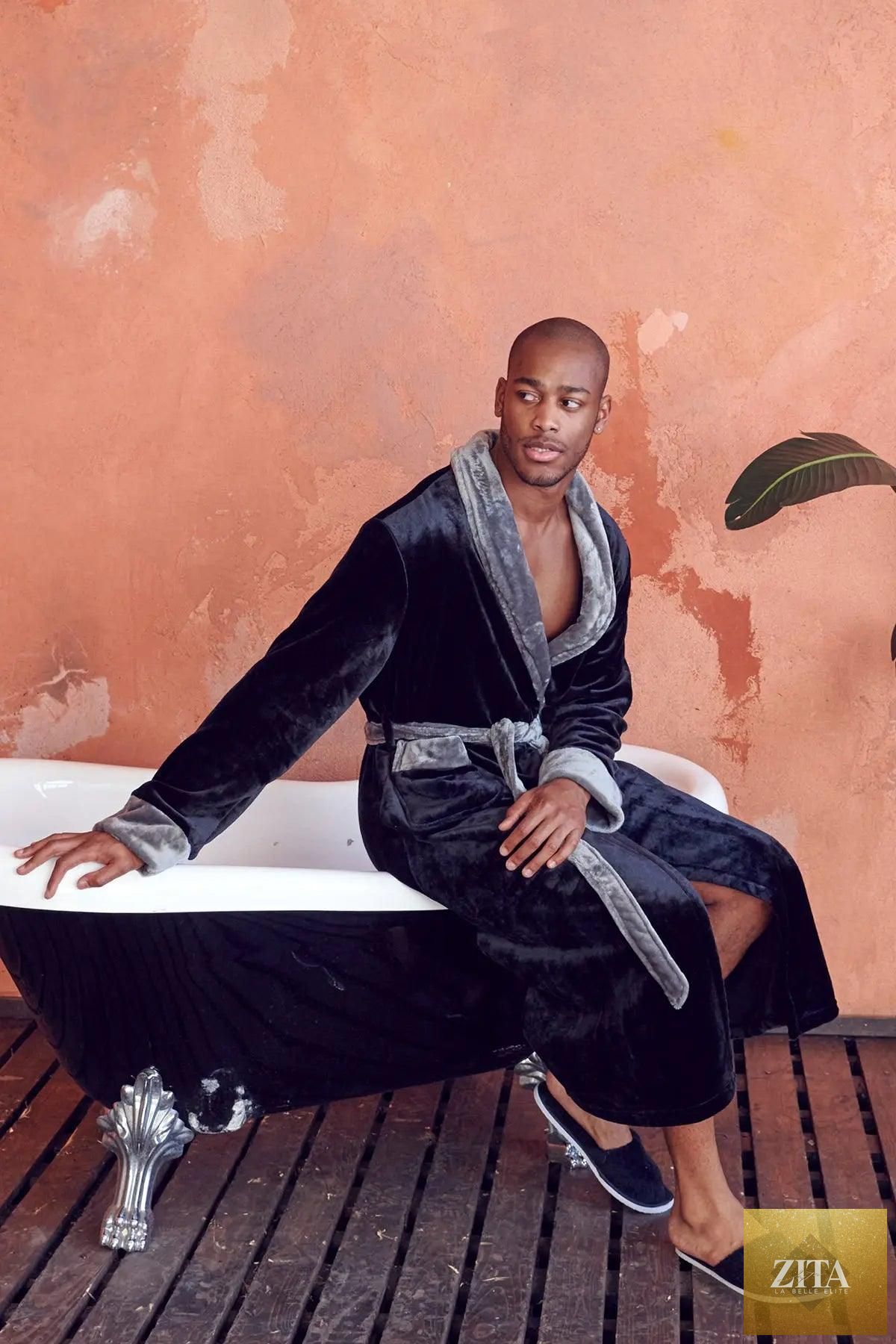 Men's plush robe by Lotus Linen featuring soft, cozy fabric and a comfortable fit, perfect for relaxing at home.