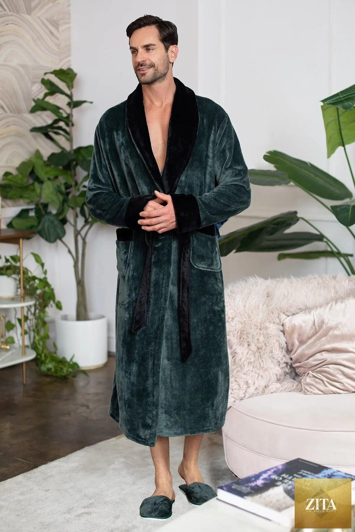 Men's plush robe by Lotus Linen, soft and cozy with a relaxed fit, perfect for comfort and warmth at home.