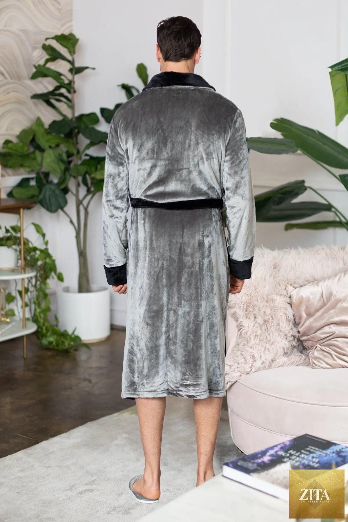 Men's plush robe by Lotus Linen, cozy and soft, featuring a comfortable design perfect for lounging and relaxation.