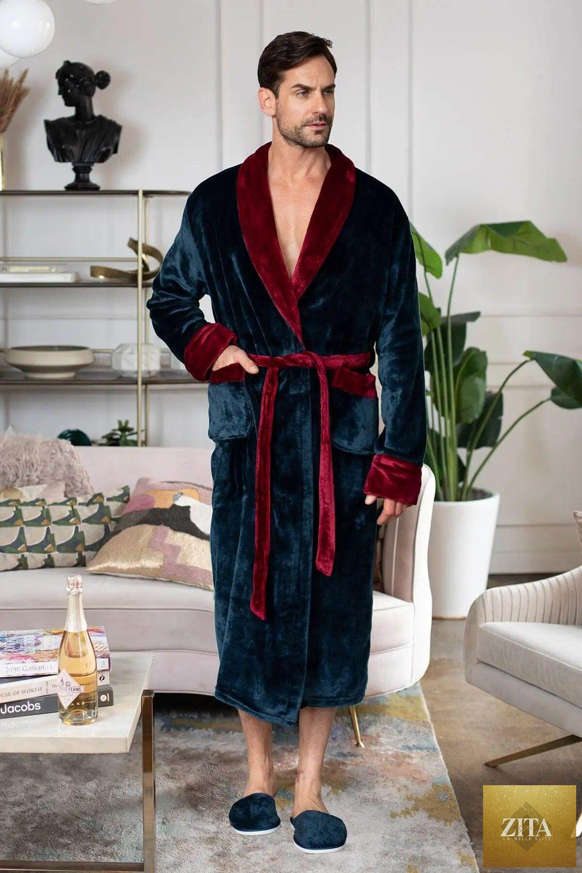 Men's plush robe by Lotus Linen, cozy and soft, featuring a relaxed fit and plush fabric for ultimate comfort.