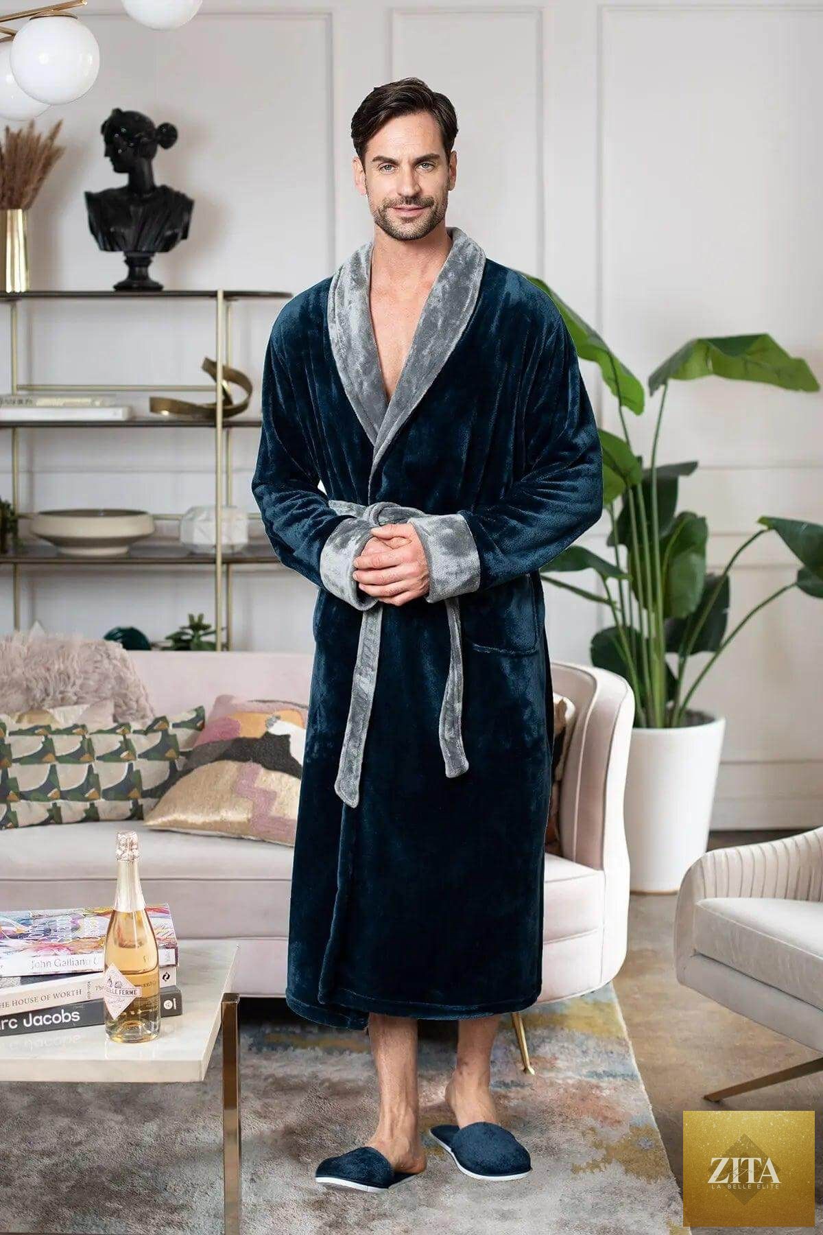 Men's plush shawl robe by Lotus Linen, featuring soft, cozy fabric and a relaxed fit for ultimate comfort.