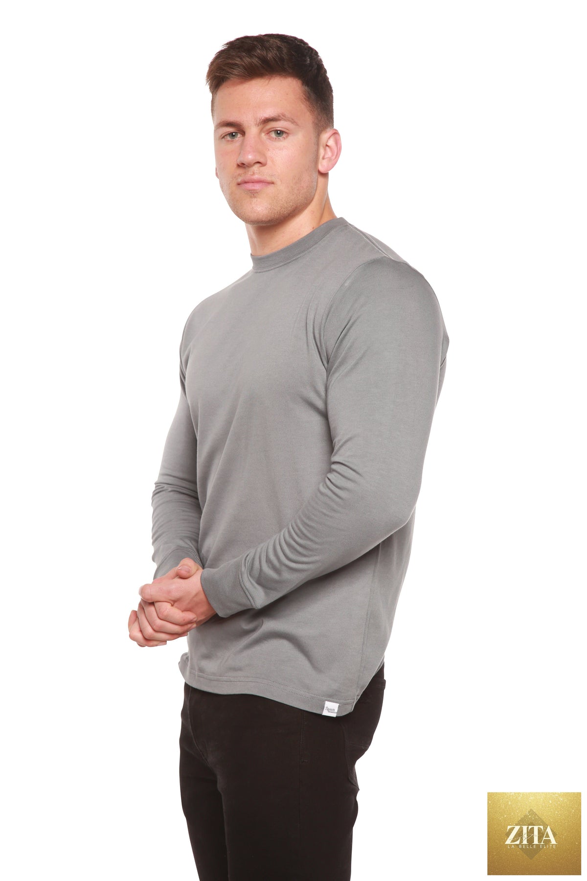 Men's long sleeve T-shirt by Spun Bamboo in bamboo viscose and organic cotton, shown with a relaxed fit and natural fabric texture.