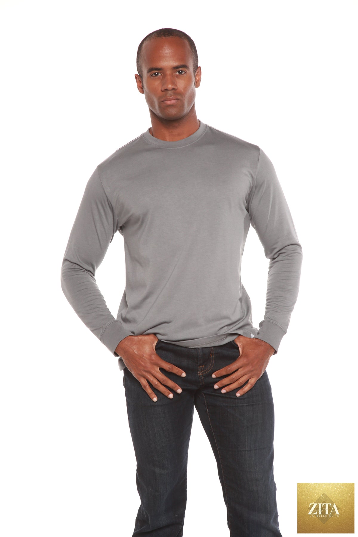 Men's long sleeve bamboo viscose and organic cotton T-shirt by Spun Bamboo, shown in a natural fabric fit and style.