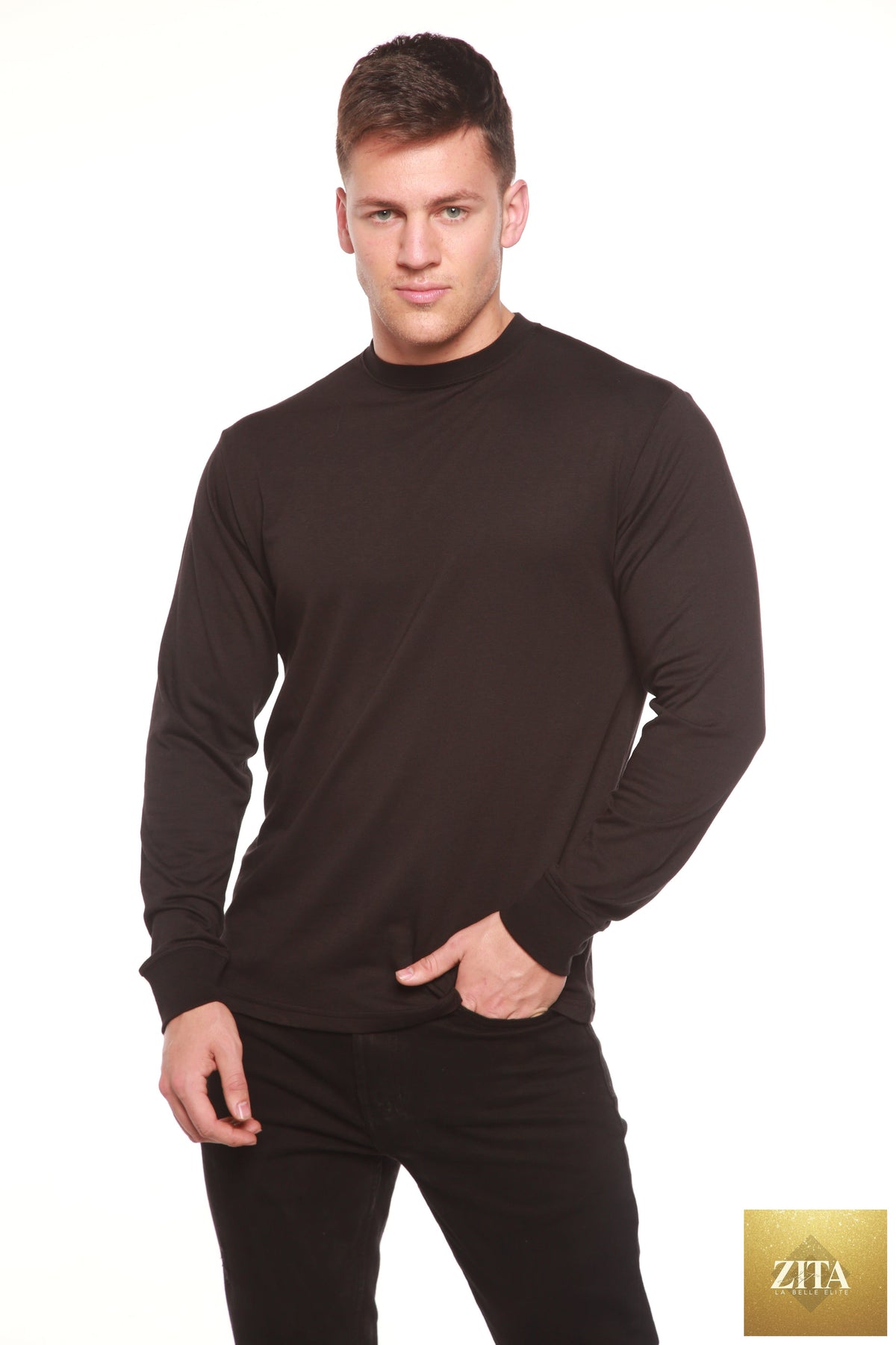 Men's long sleeve T-shirt by Spun Bamboo in bamboo viscose and organic cotton, shown in a natural relaxed fit.