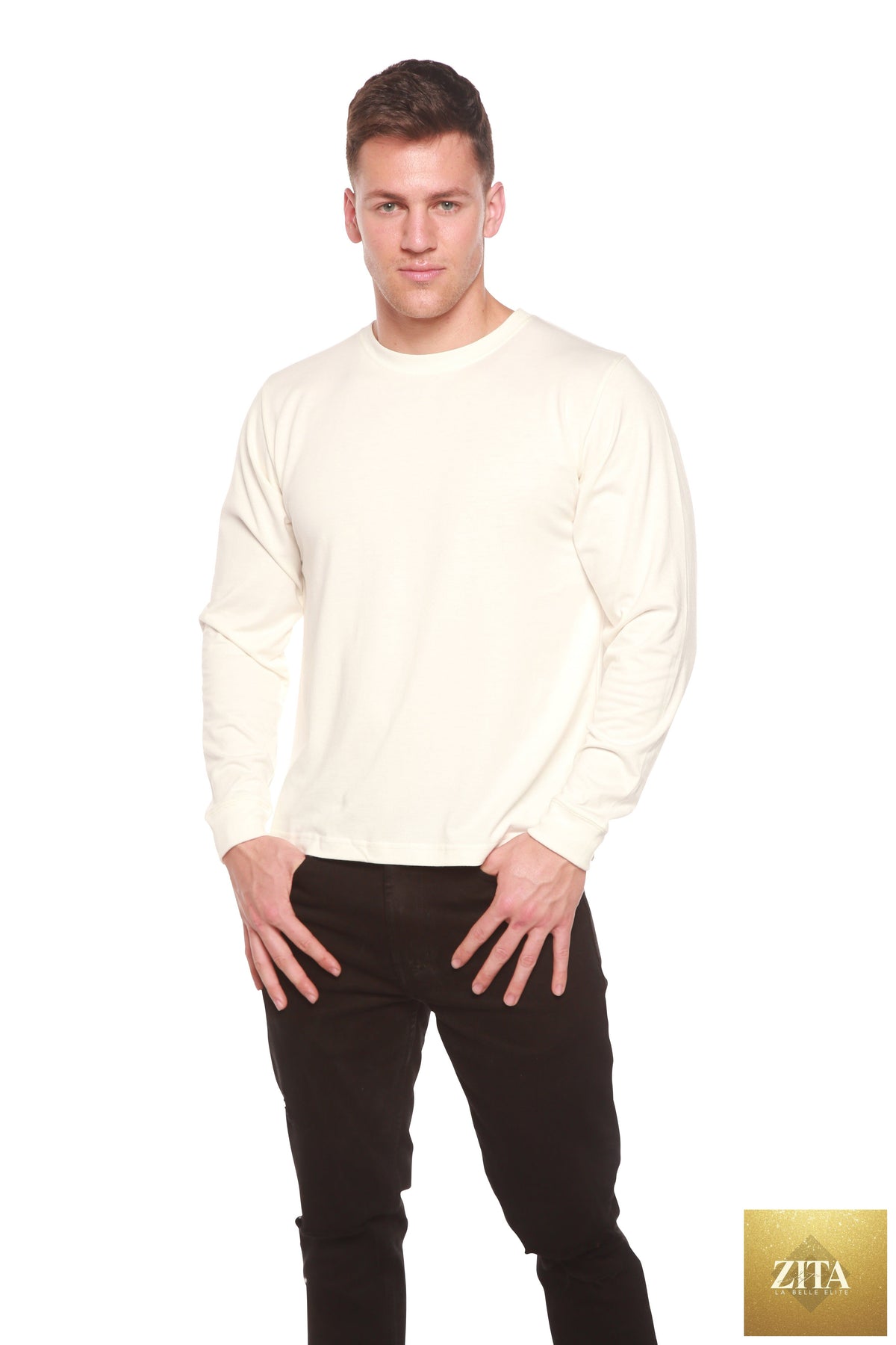 Men's long sleeve bamboo viscose organic cotton T-shirt by Spun Bamboo, shown in a natural fit with soft fabric texture.