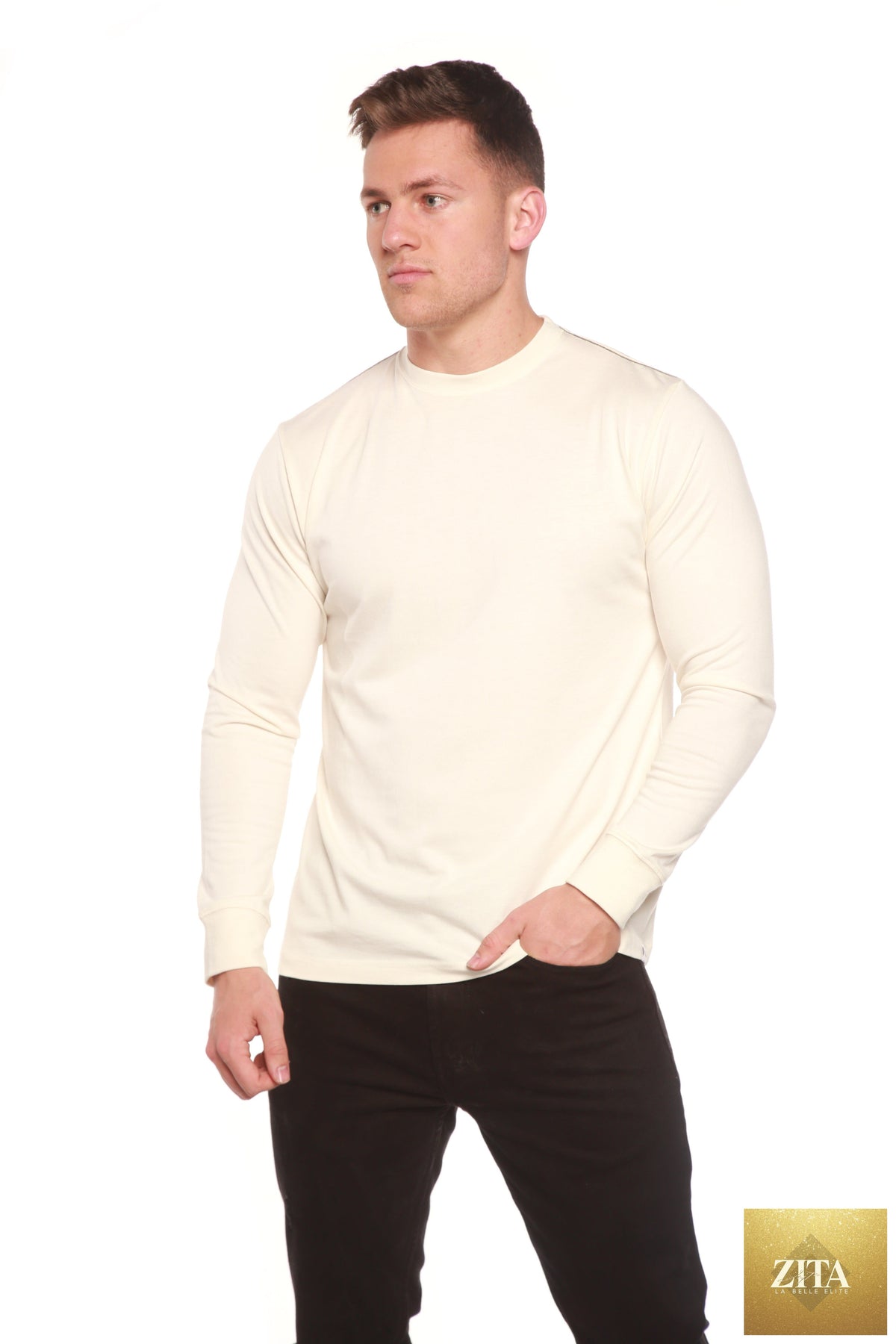Spun Bamboo men's long sleeve T-shirt made from bamboo viscose and organic cotton, featuring a comfortable fit and natural fabric texture.