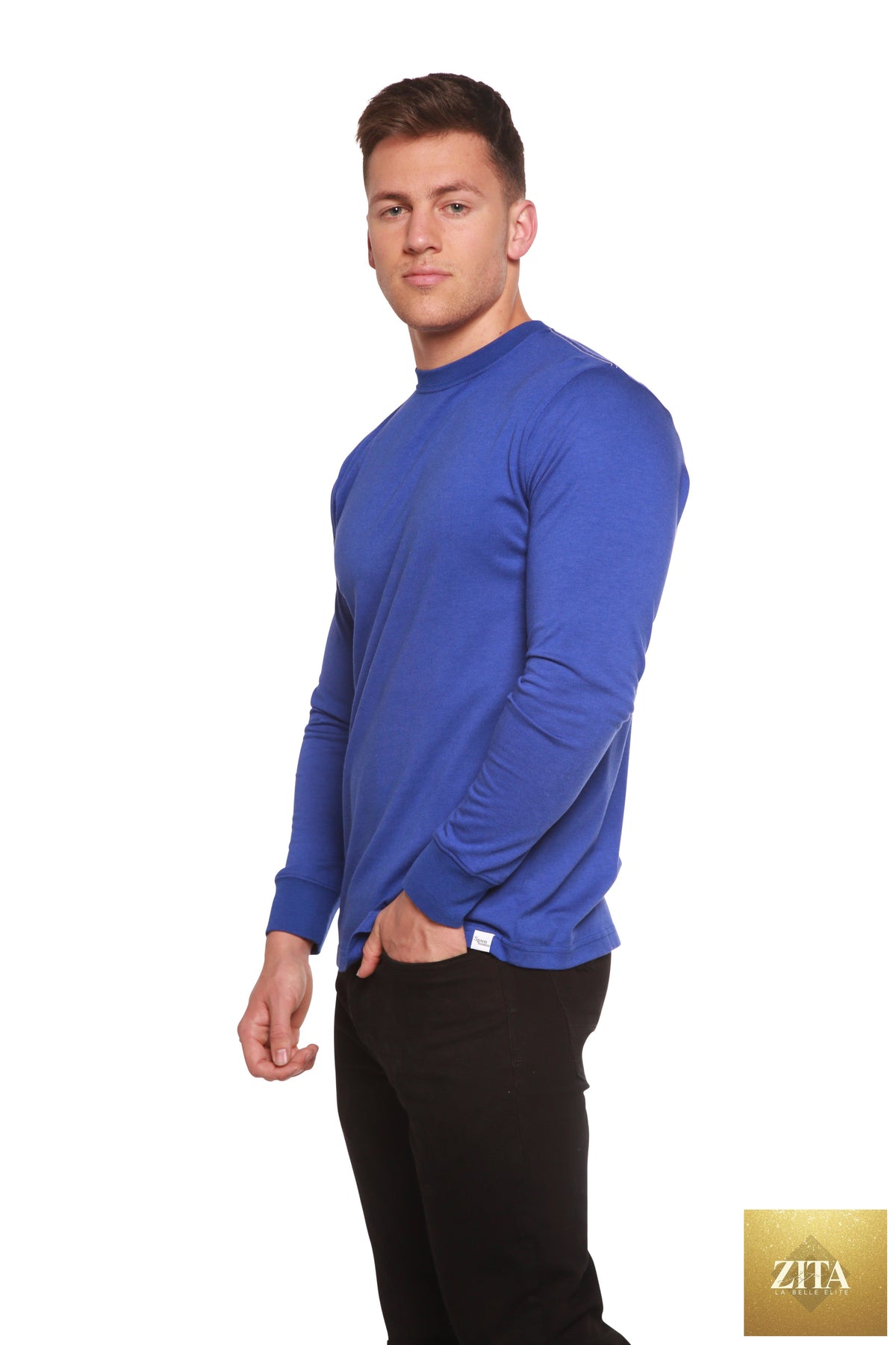 Men's long sleeve T-shirt by Spun Bamboo, made from bamboo viscose and organic cotton, shown in a natural fit and fabric texture.