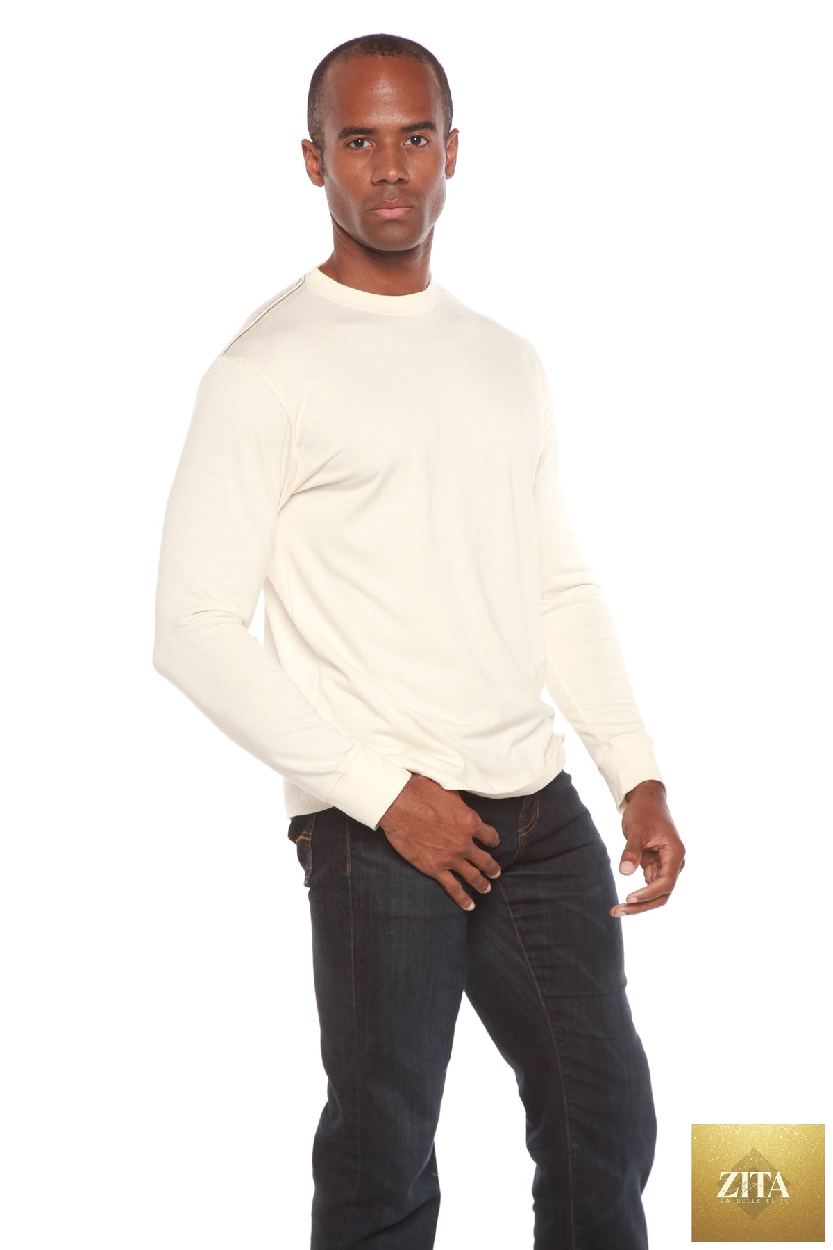 Men's long sleeve bamboo viscose and organic cotton T-shirt by Spun Bamboo, shown in a natural pose, with a soft fabric appearance.