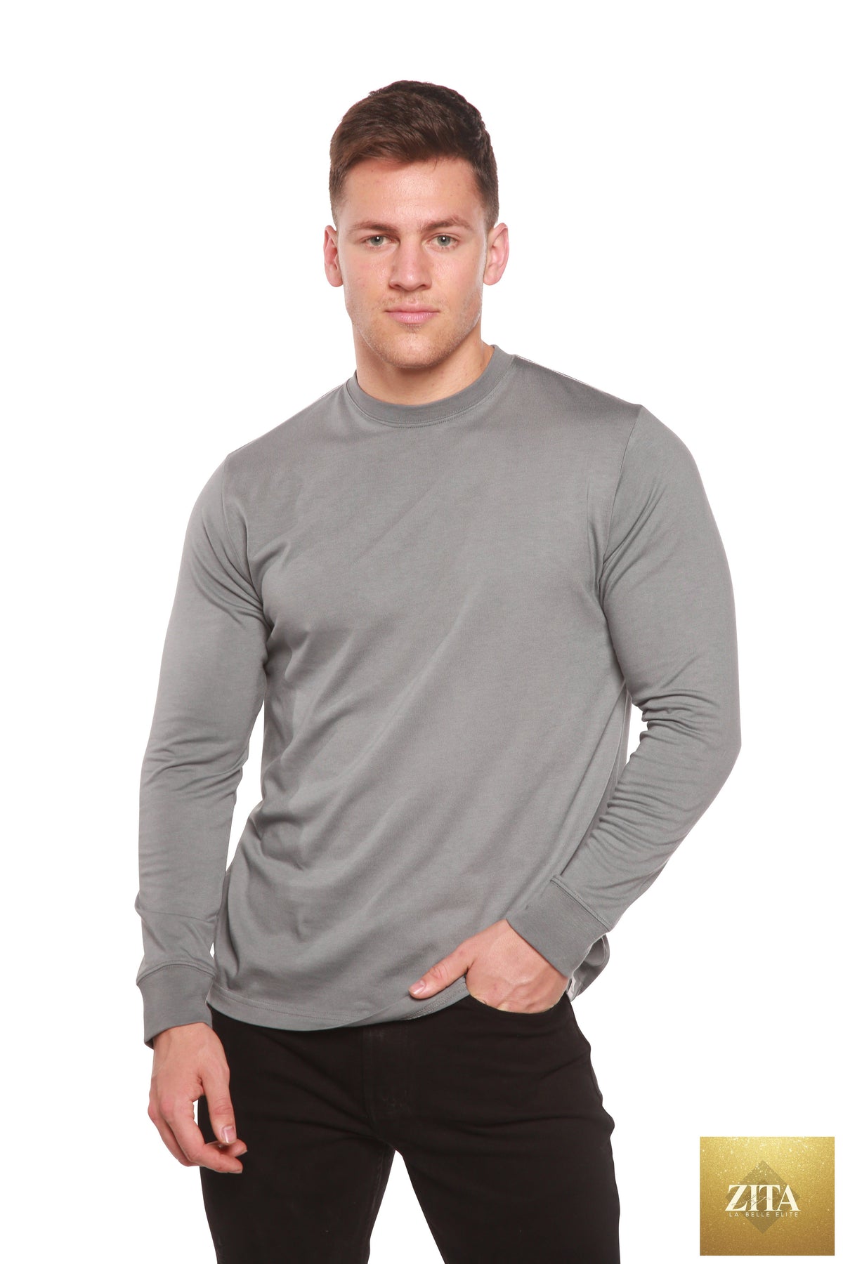 Men's long sleeve T-shirt by Spun Bamboo in bamboo viscose and organic cotton, shown with a relaxed fit and natural color.