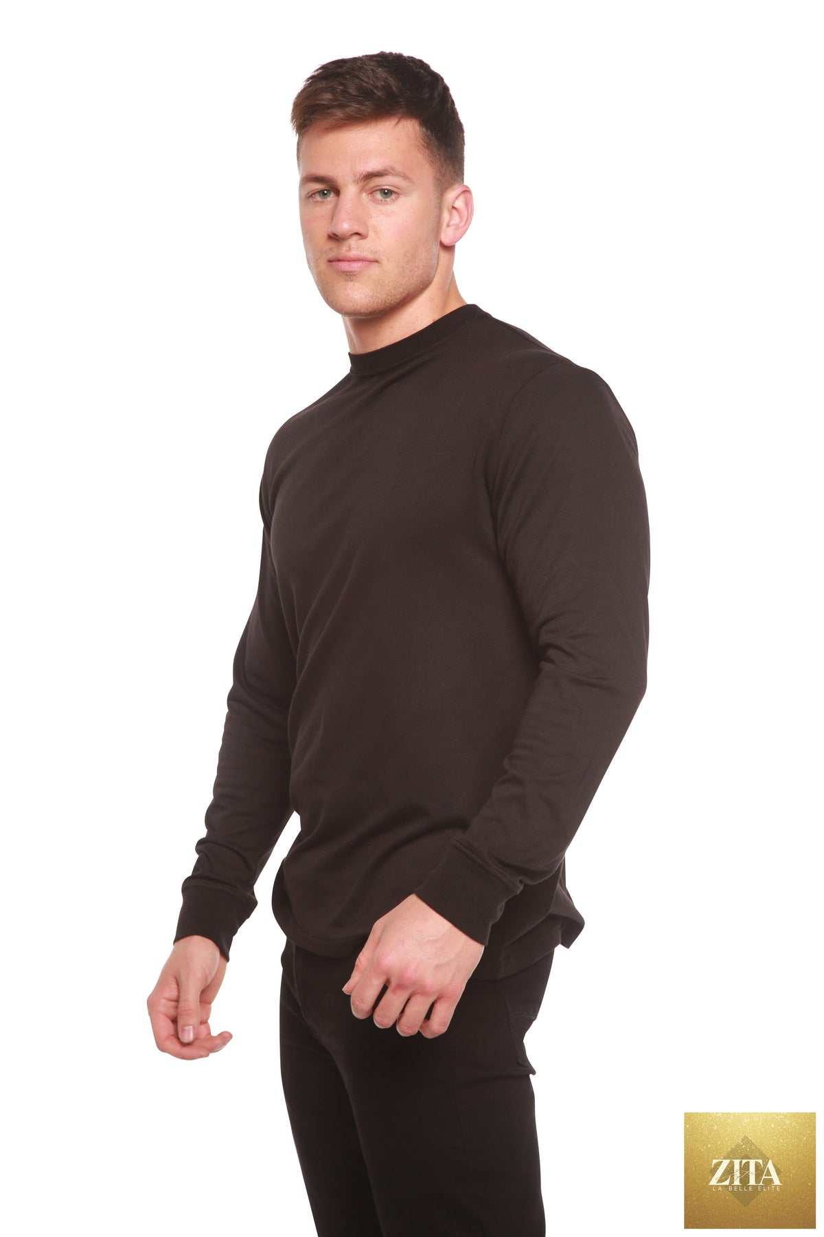 Men's long sleeve T-shirt made of bamboo viscose and organic cotton by Spun Bamboo, shown in natural fabric and relaxed fit.