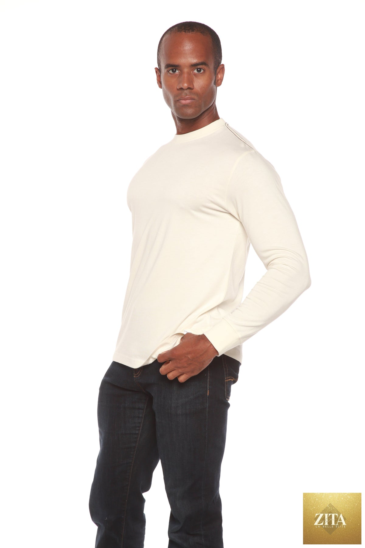 Men's long sleeve bamboo viscose and organic cotton T-shirt by Spun Bamboo, shown in a natural fit on a model.