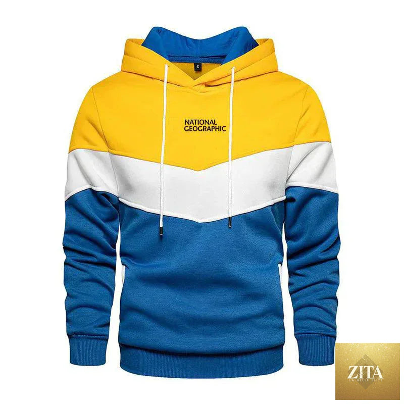Men's casual sports panel hooded sweatshirt by MANDOTOS, featuring a comfortable pullover design with color-block panels.