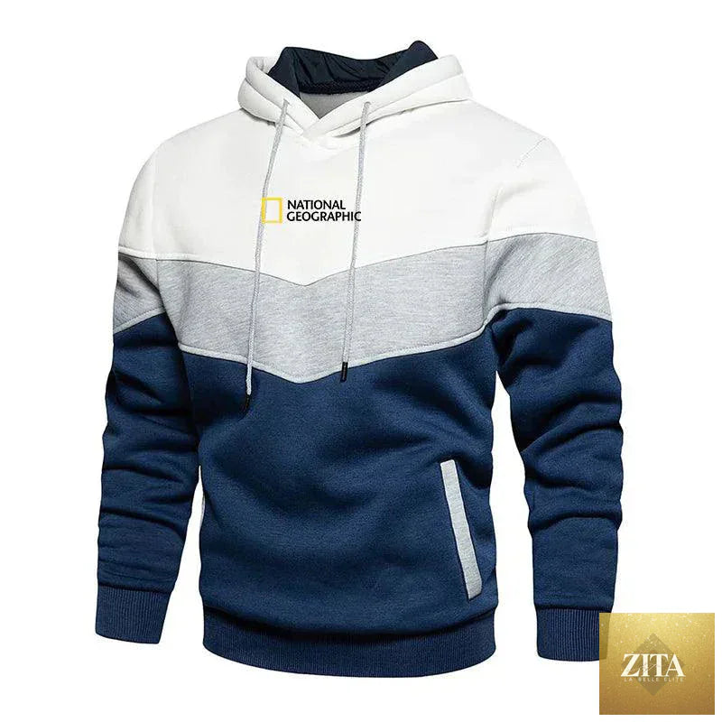 Men's casual sports panel hooded pullover sweatshirt by MANDOTOS, featuring a comfortable fit and sporty design in the image.