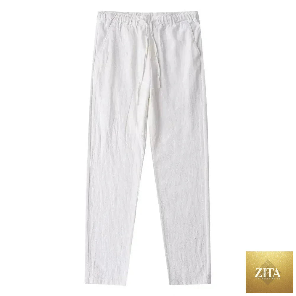 Men's cotton linen pants by MANDOTOS featuring breathable, solid color linen trousers with back pockets for casual streetwear.