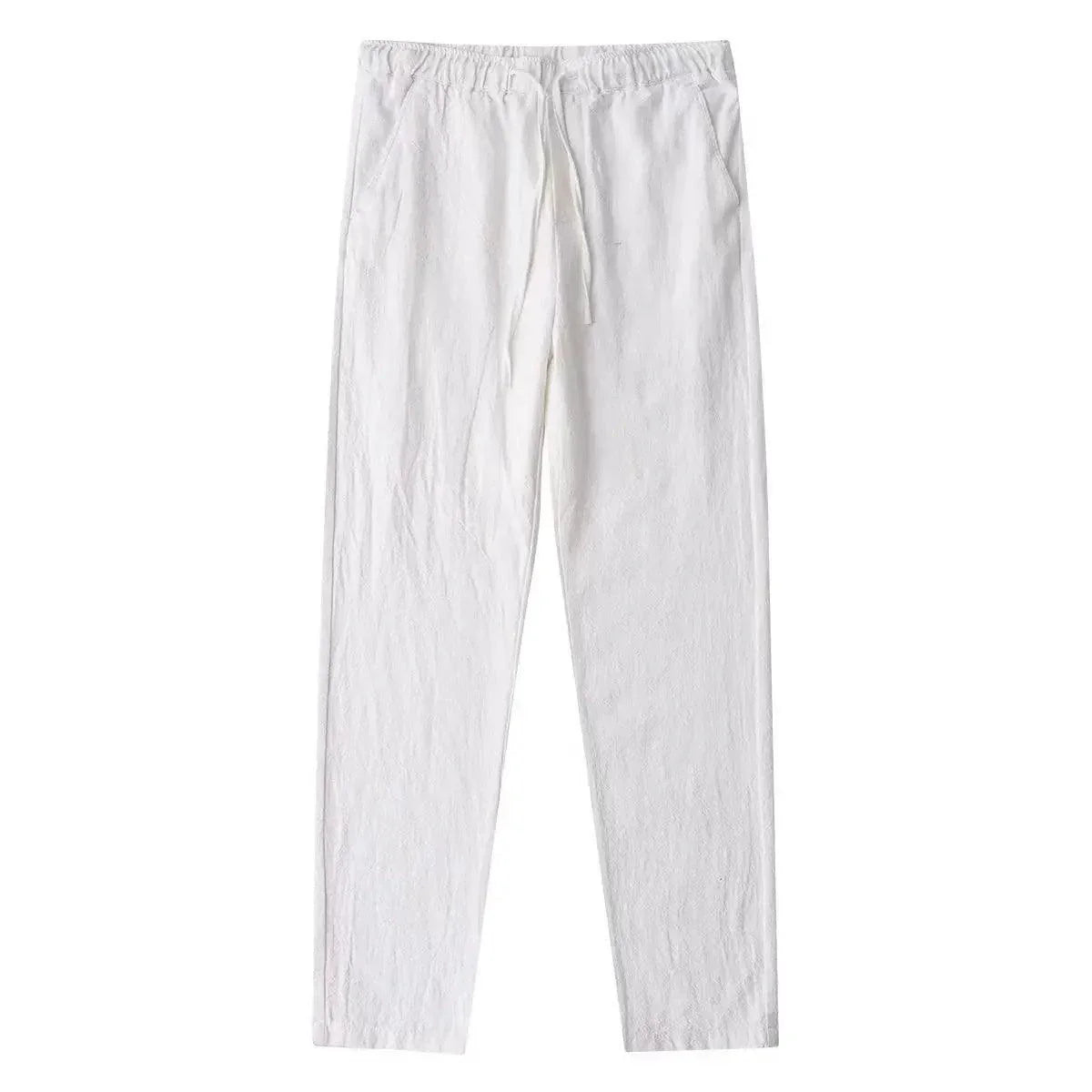 Men's cotton linen pants by MANDOTOS, breathable solid-color trousers with back pockets, perfect for autumn streetwear and casual wear.