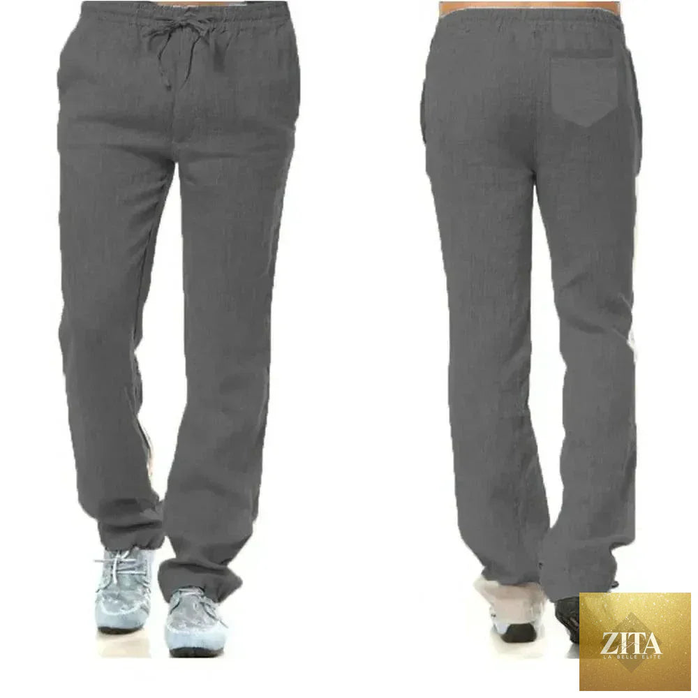 Men's cotton linen pants by MANDOTOS, breathable solid color trousers with back pockets, ideal for autumn streetwear and casual wear.