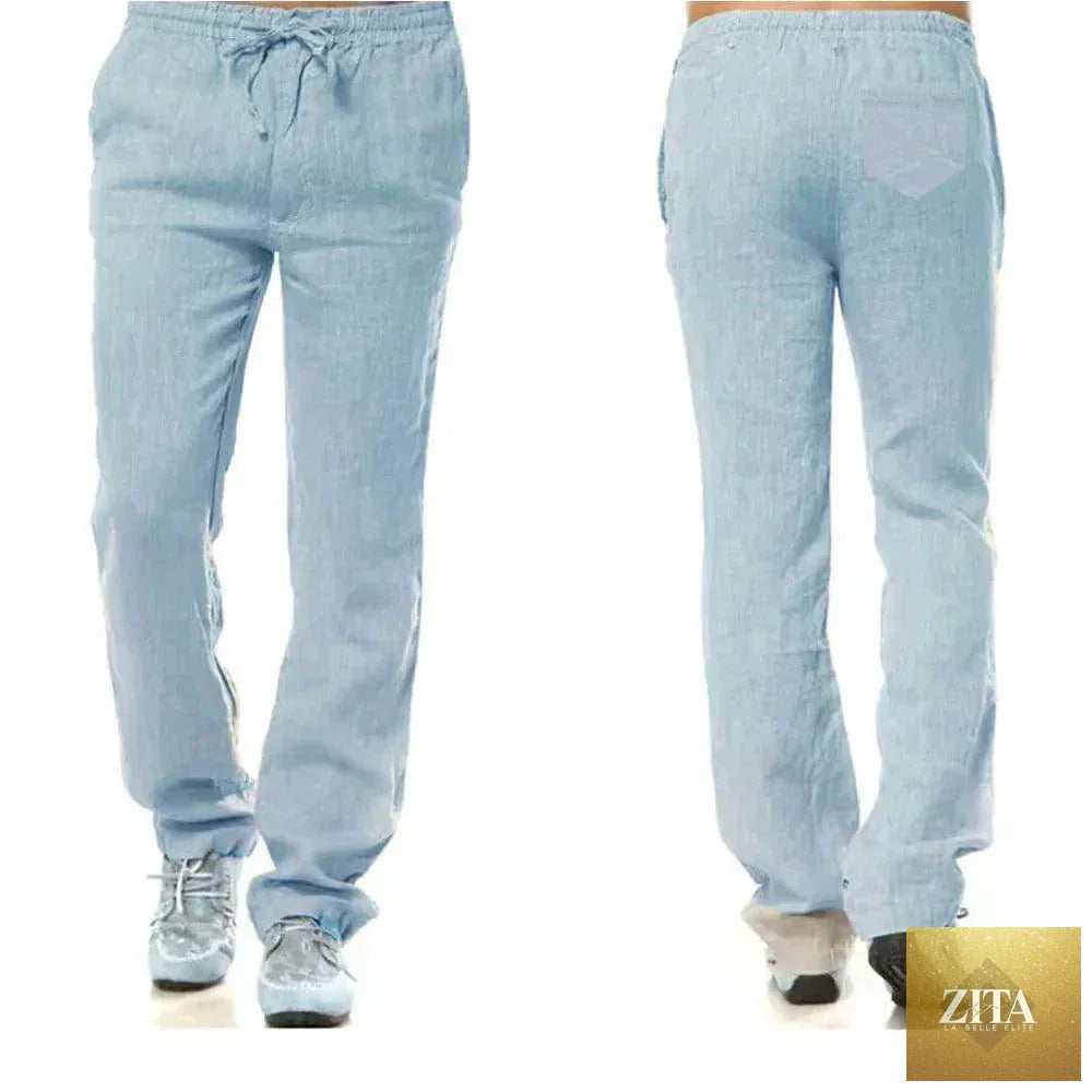 Men's cotton linen pants by MANDOTOS, breathable solid color trousers with back pocket, perfect for autumn streetwear and casual wear.
