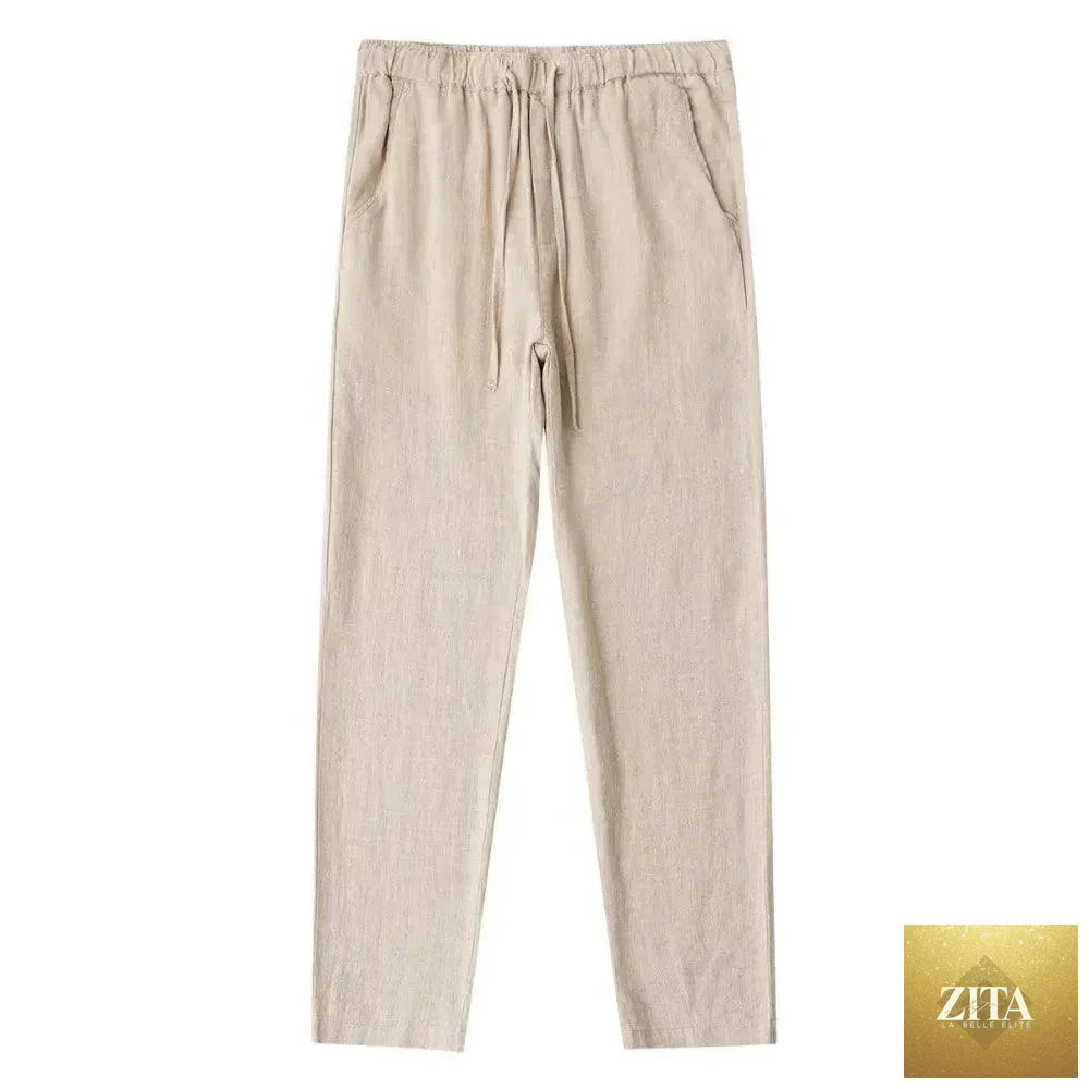 Men's cotton linen pants by MANDOTOS, breathable solid color trousers with back pockets, suitable for autumn and streetwear.