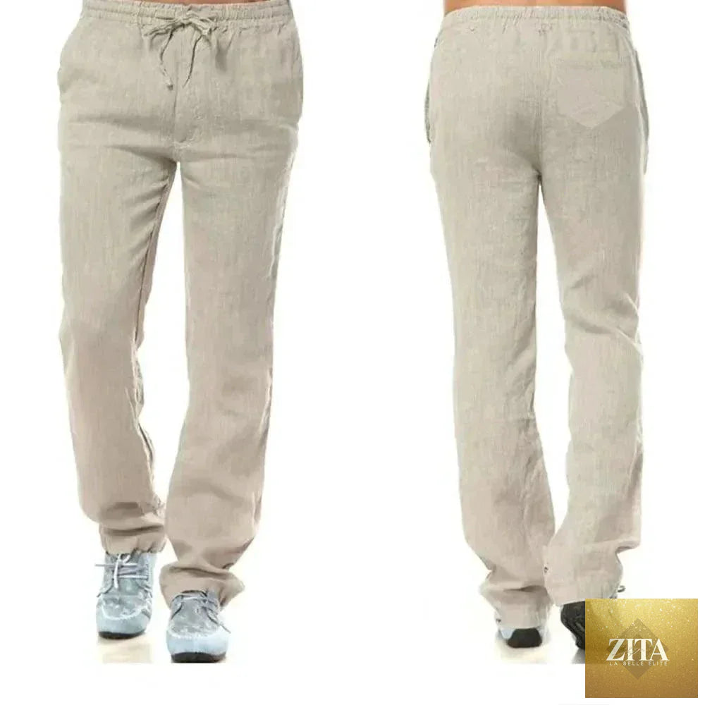 Men's cotton linen pants by MANDOTOS, breathable solid color trousers with back pockets, ideal for autumn streetwear and casual fitness.