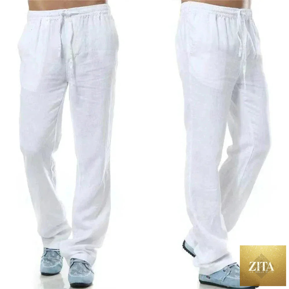 Men's cotton linen pants by MANDOTOS, breathable solid color trousers with back pockets, ideal for autumn streetwear and casual wear.