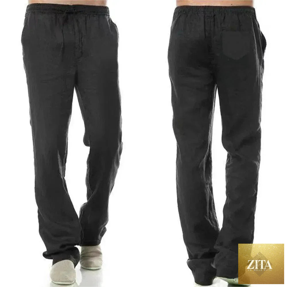 Men's cotton linen pants by MANDOTOS, breathable solid color linen trousers with back pocket, ideal for autumn and streetwear styles.