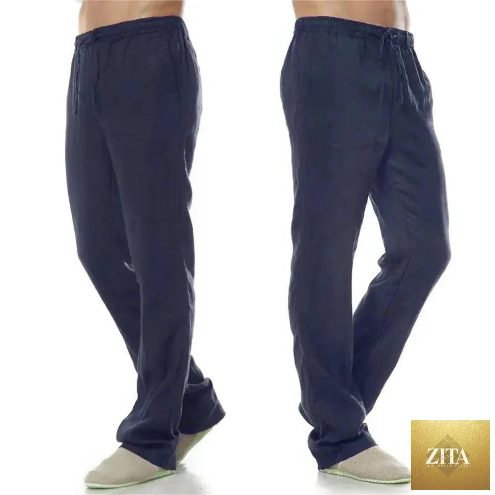 Men's cotton linen pants by MANDOTOS, breathable solid color trousers with back pockets, perfect for autumn streetwear and fitness.