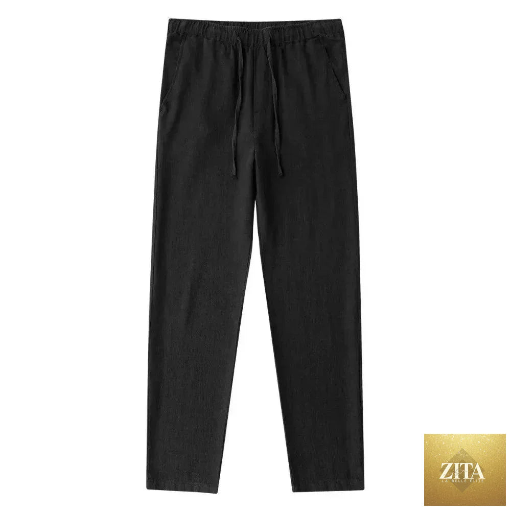 Men's cotton linen pants by MANDOTOS, breathable solid color linen trousers with back pocket, ideal for autumn casual and streetwear.