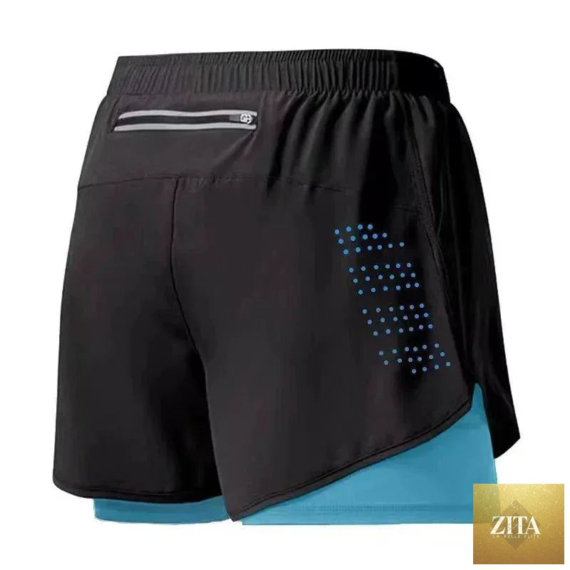 Men's black quick-drying running shorts by MANDOTOS with double-layer design, ideal for fitness, workout, and bodybuilding activities.