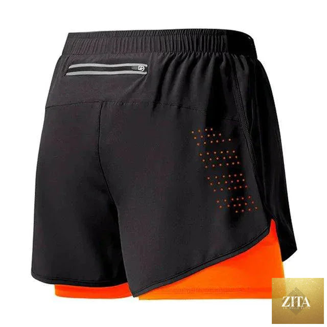 Men's black quick-drying running shorts with double layer design, suitable for fitness, workout, and bodybuilding training.