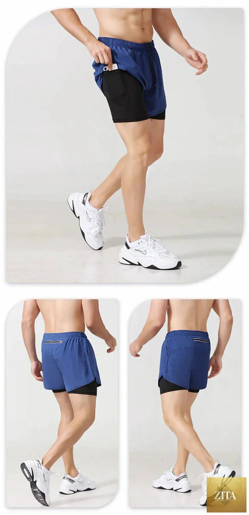 Men's black quick-drying running shorts by MANDOTOS with double-layer design for fitness, workout, and bodybuilding training.
