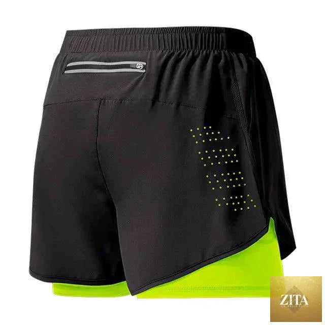 Men's black quick-drying running shorts by MANDOTOS with double-layer design, ideal for fitness, training, and bodybuilding workouts.