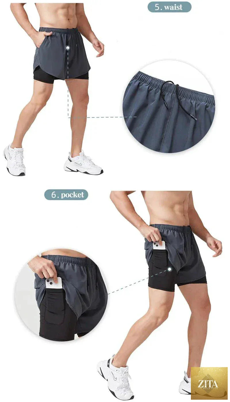 Men's black MANDOTOS running shorts with double-layer design, quick-drying fabric, ideal for fitness, sports, and workout training.