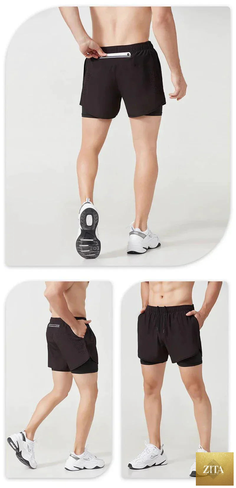 Men's black quick-drying running shorts by MANDOTOS with double-layer design, ideal for fitness, workout, and bodybuilding training.