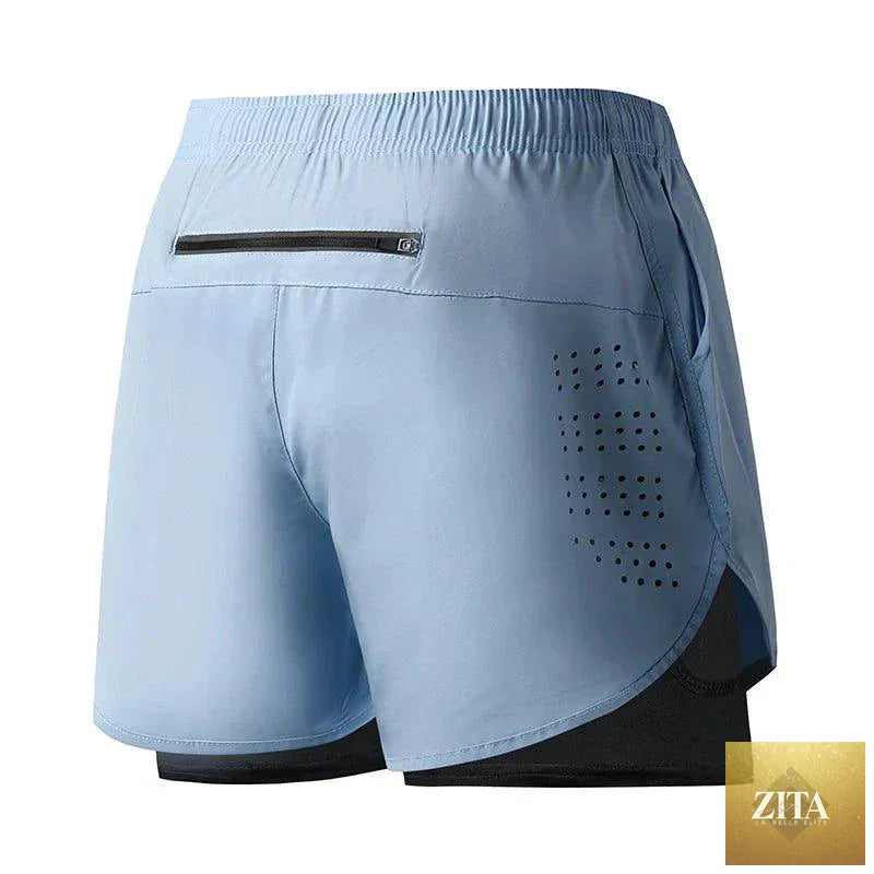 Men's black quick-drying running shorts by MANDOTOS, double-layer design, ideal for fitness, workout, and bodybuilding training.