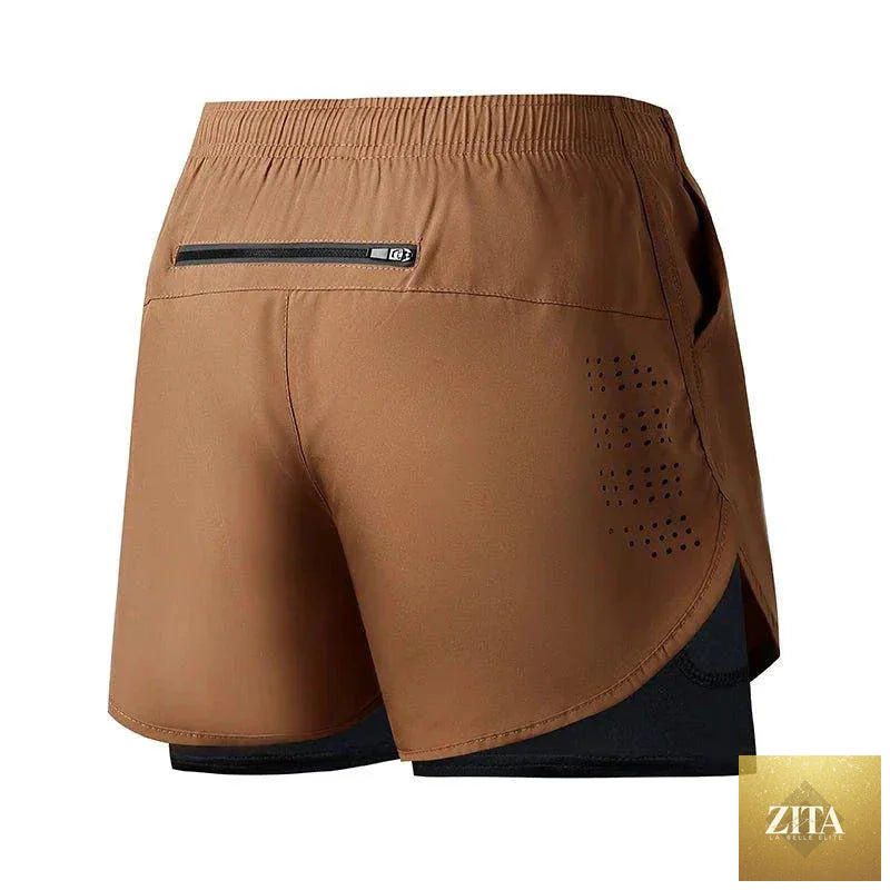 Men's black quick-drying running shorts by MANDOTOS, double-layer design, ideal for fitness, workout, and bodybuilding training.
