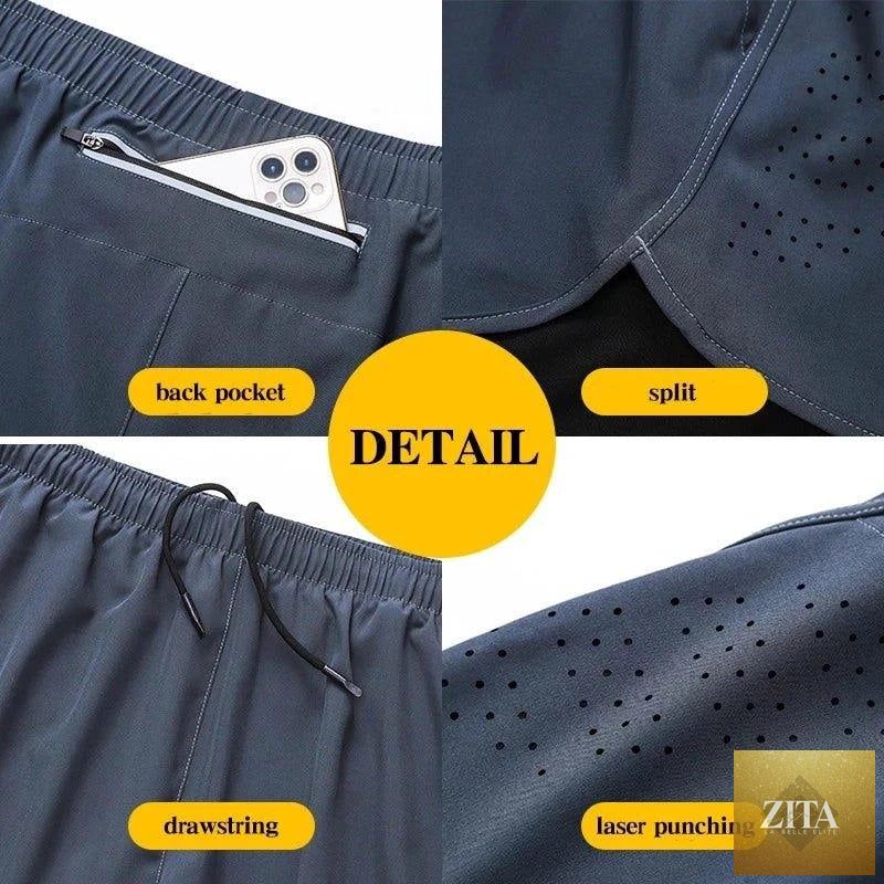 Men’s black quick-drying running shorts by MANDOTOS, double-layer design, ideal for fitness, workout, and bodybuilding training.