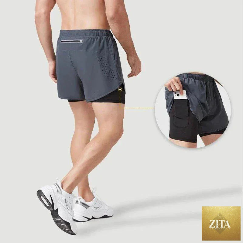 Men's black quick-drying running shorts by MANDOTOS with double-layer design, ideal for fitness, workout, and bodybuilding training.
