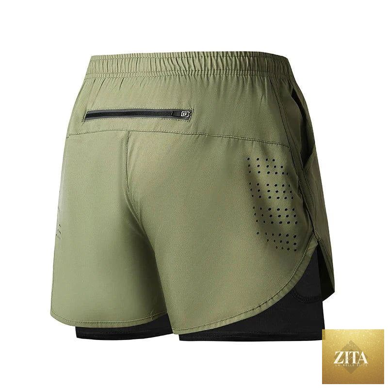 Men's black quick-drying running shorts by MANDOTOS with double-layer design, ideal for fitness, workout, and bodybuilding training.