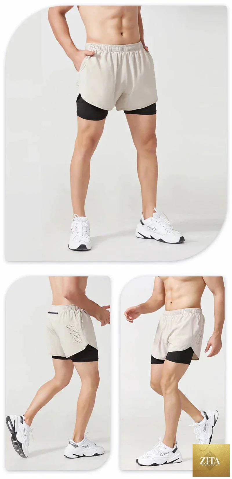 Men's black quick-drying running shorts by MANDOTOS with double-layer design for fitness, workout, and bodybuilding training.