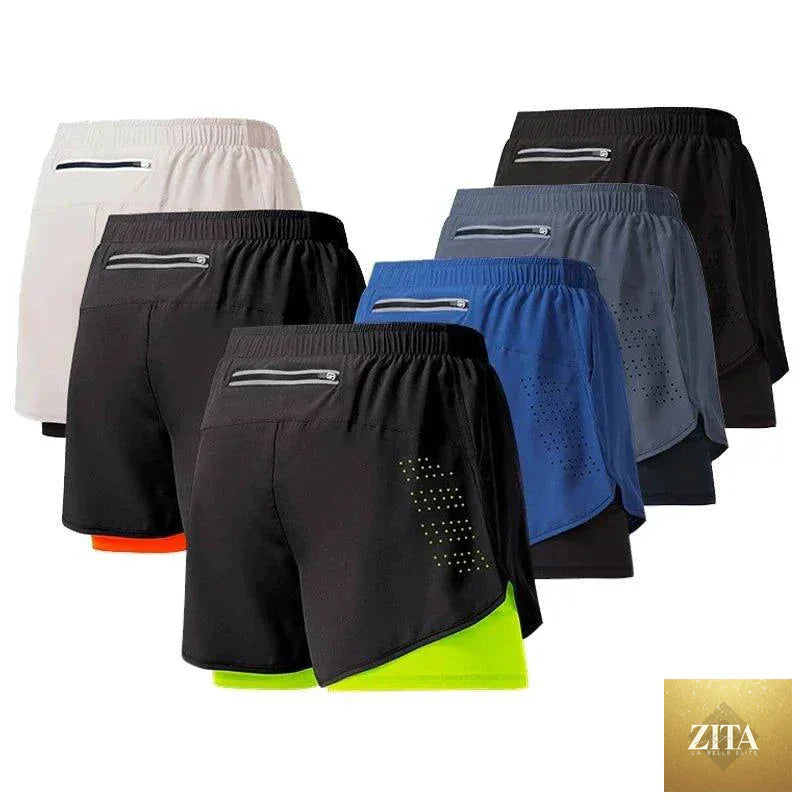Men's black quick-drying running shorts by MANDOTOS with double-layer design, ideal for fitness, workout, and bodybuilding training.