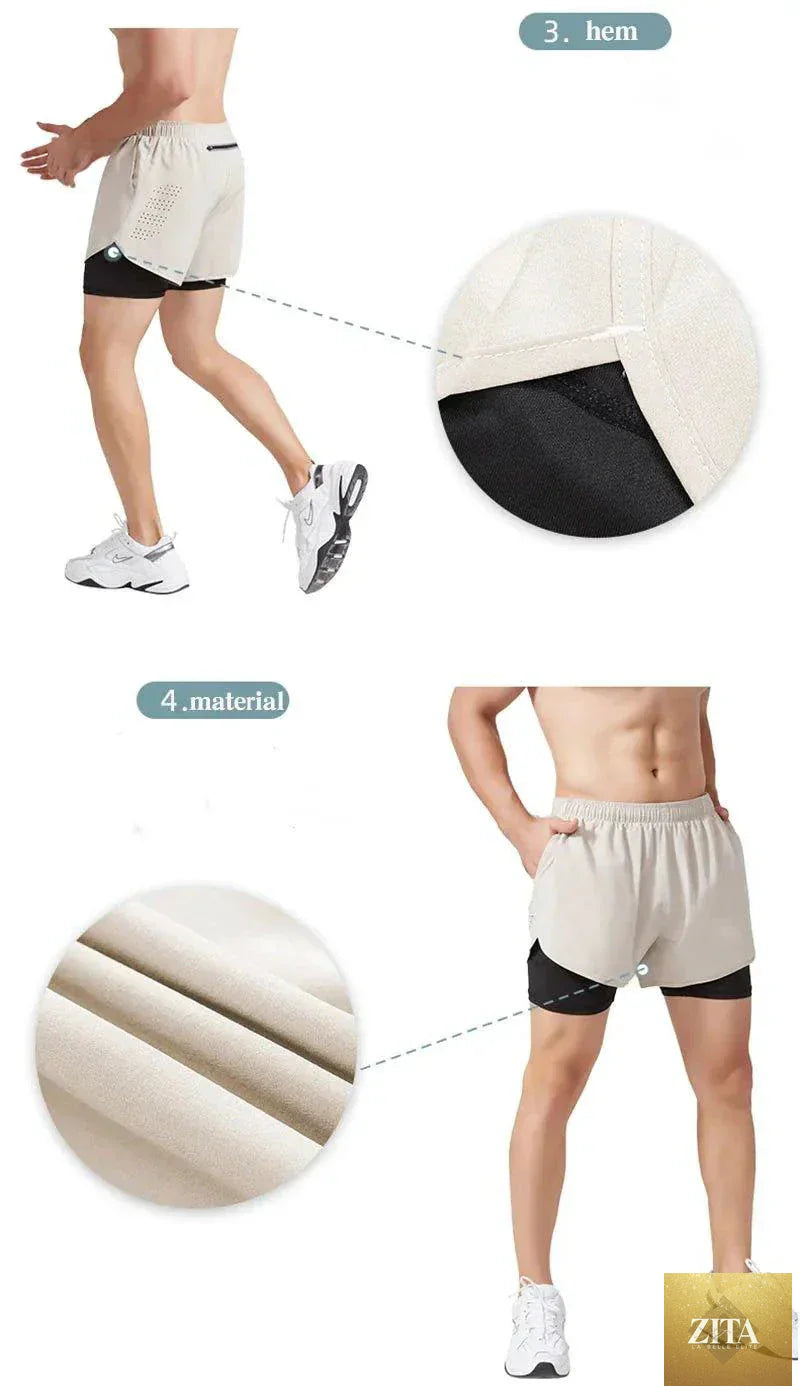 Men's black quick-drying running shorts by MANDOTOS with double-layer design, ideal for fitness, training, and bodybuilding workouts.