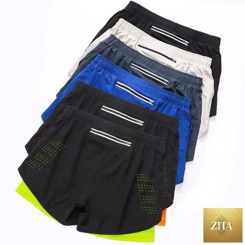 Men's black quick-drying running shorts by MANDOTOS with double-layer design, ideal for fitness, workout, and bodybuilding training.
